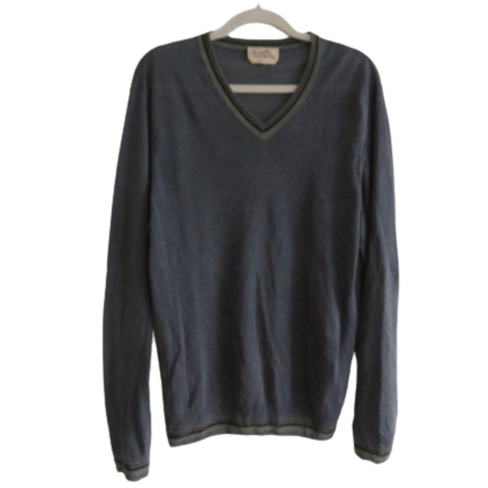 HERMES Linen Silk Blend Gray V Neck Sweater - Size L